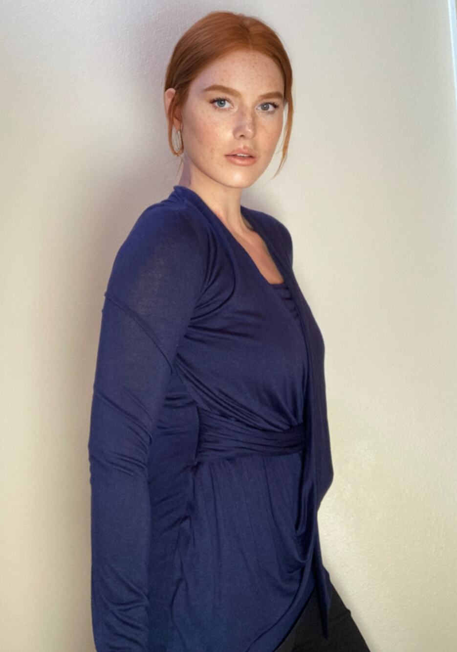 Bailey 44 Wrap Front Draped Long Sleeve Top Royal Navy Luxury Sz M